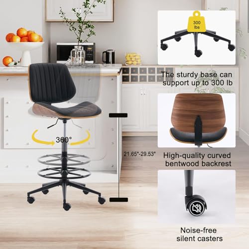 Drafting Chair for Standing Desk, Armless Tall Office Chair with Bentwood Backrest, Adjustable Height, Footrest Ring and Swivel Seat, PU Leather (Black) - color: Black