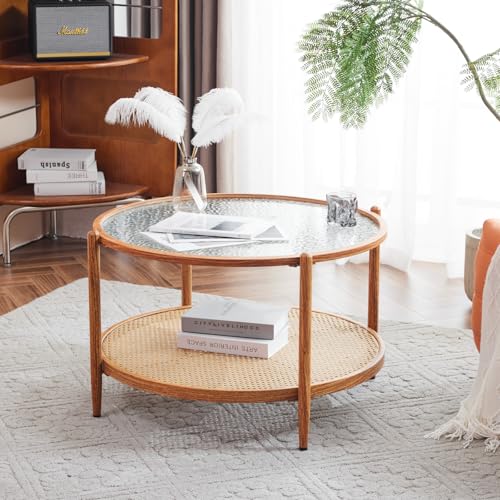 VINGLI 30" Rattan Coffee Table, Round Water-Wave Glass Metal Center Table, Modern Coffee Table with 2-Tier Storage, Farmhouse Circular Coffee Tables for Living Room and Small Space, Natural Vibe | Water-Wave Glass Metal Center Table, Boho Coffee Table wit