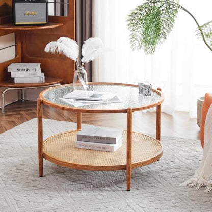 VINGLI 30" Rattan Coffee Table, Round Water-Wave Glass Metal Center Table, Modern Coffee Table with 2-Tier Storage, Farmhouse Circular Coffee Tables for Living Room and Small Space, Natural Vibe | Water-Wave Glass Metal Center Table, Boho Coffee Table wit