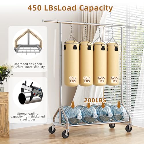 Simple Trending Heavy Duty Clothes Rack, Extensible Clothing Rack, Silver | Garment Rack Load 450 LBS, Portable Closet with Mesh Bottom Shelf, 360° Lockable Wheels, Bedroom, Laundry Room - size: 17"D x 61"W x 66.75"H