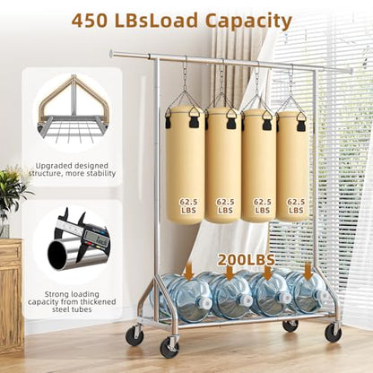 Simple Trending Heavy Duty Clothes Rack, Extensible Clothing Rack, Silver | Garment Rack Load 450 LBS, Portable Closet with Mesh Bottom Shelf, 360° Lockable Wheels, Bedroom, Laundry Room - size: 17"D x 61"W x 66.75"H