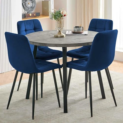 Homedot 5-Piece Round Dining Table Set for 4, Grey Engineered Wood Coffee Breakfast Table with Hooks, 4 Soft Velvet Kitchen Dining Chairs, Metal Legs - color: Navy Blue, size: 1* Grey Round Table+4*Chair