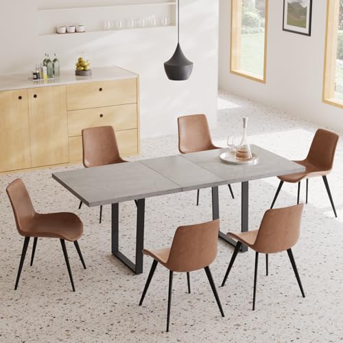 Mid-Century Extendable Dining Table Set, 63"-79", 6 Upholstered Chairs - color: Grey Table, size: 63"-79"