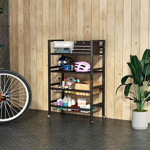4-Tier Metal Rolling Cart with Removable Grid Shelves, Lockable Wheels & Handle for Kitchen, Bathroom, Office Storage, Black (Medium) - size: 19.7 in