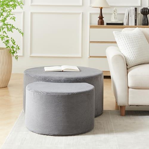 49.7'' Foam Round Nesting Coffee Table Set of 2, Modern Upholstered Side End Table Ottoman Footrest, No Assembly, Gray - color: 49.7''-gray