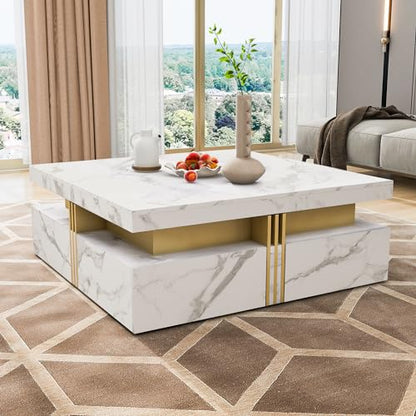 Modern White Square Storage Coffee Table with 4 Drawers for Living Room - color: White1