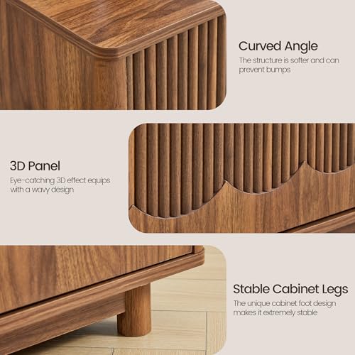 FurSch 62.2" Mid-Century Modern Fluted TV Stand, Walnut | Low Profile, 3D Slatted & Waved Design Panel, For Living Room Bedroom - color: Walnut