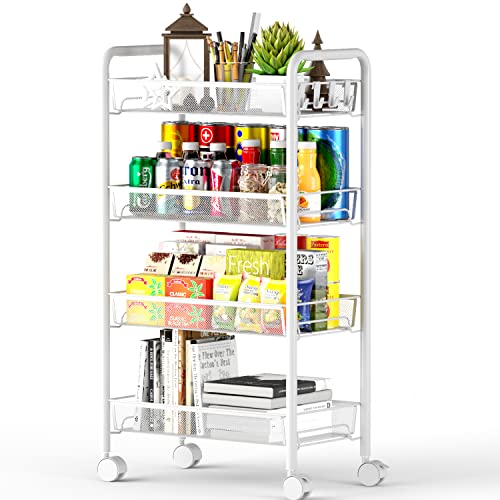 4-Tier Mesh Rolling Cart - 35 BLS/Tier Full Metal Cart with Wheel & 4 Hooks | Space-Saving 140bls Capacity Storage Organizer Crafts Utility Cart for Kitchen Pantry Office Bathroom Laundry Nursery, White - color: White, size: 4 tier
