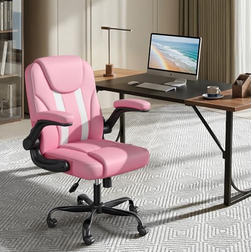 Ergonomic Office Chair, Mid Back Executive PU Leather Desk Chair with 3.5" Dual-Layer Cushion, Flip-up Armrests, Swivel Rolling Wheels, Adjustable Height, Pink - color: Pink
