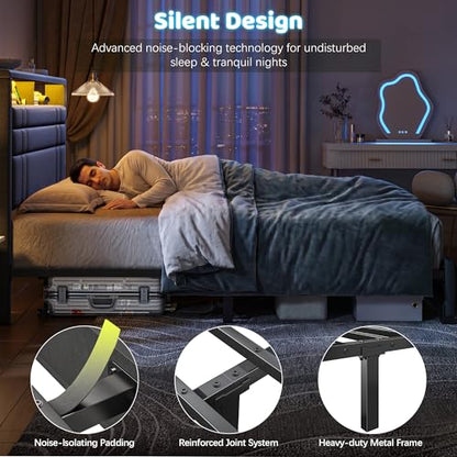 EnHomee Full Upholstered Bed Frame with Charge Station & LED Lights, Grey | 2-Tier Shelves Headboard, 12" Under-Bed Storage Space, Noise-Free, No Box Spring Needed, Easy Assembly - color: Grey, size: Full