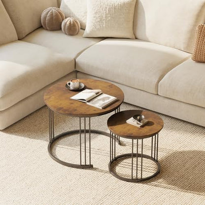 Nesting Coffee Table, 23.6" Round Coffee Table Set of 2, Wooden Nesting Table with Metal Frame, Ceter Tables for Living Room Bedroom Balcony, Rustic Brown - color: Rustic Brown