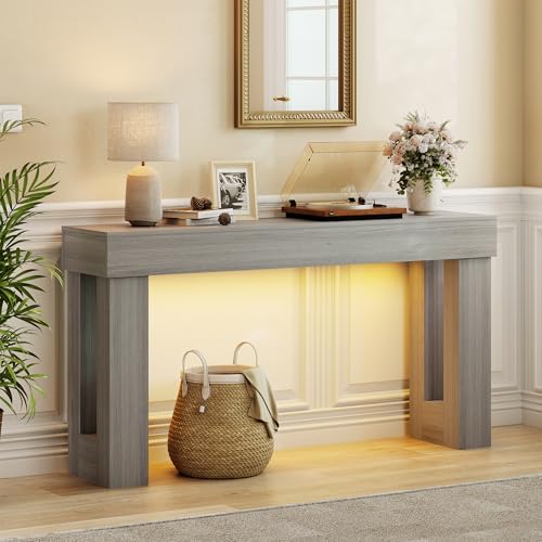 Apicizon 63" Long Console Table for Entryway with LED Light, Farmhouse Wooden Sofa Table Behind Couch, Narrow Entry Way Table for Living Room, Hallway, Entrance, Foyer, Grey - color: Grey
