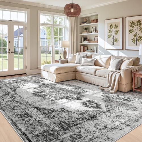 Area Rug 9x12 Vintage Rugs: Large Washable Indoor Medallion Rug Low Pile Distressed Floor Carpet Retro Accent Rugs for Living Room Bedroom Kitchen Dining Table Home Office(Black, 9'x12') - color: Black, size: 9' x 12' (Rectangular)