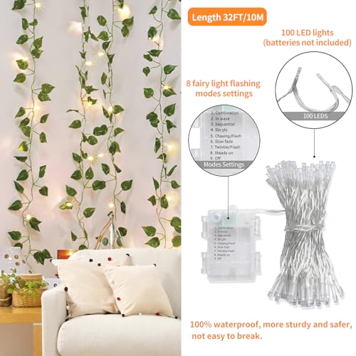 CEWOR 14 Pack 98ft Fake Ivy Vines, Artificial Ivy Garland with 100 LED String Lights, Hanging Plants Greenery Backdrop Green Leaves for Bedroom Room Wall Decor Wedding Party Table Decoration - size: 98ft+100led