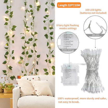 CEWOR 14 Pack 98ft Fake Ivy Vines, Artificial Ivy Garland with 100 LED String Lights, Hanging Plants Greenery Backdrop Green Leaves for Bedroom Room Wall Decor Wedding Party Table Decoration - size: 98ft+100led