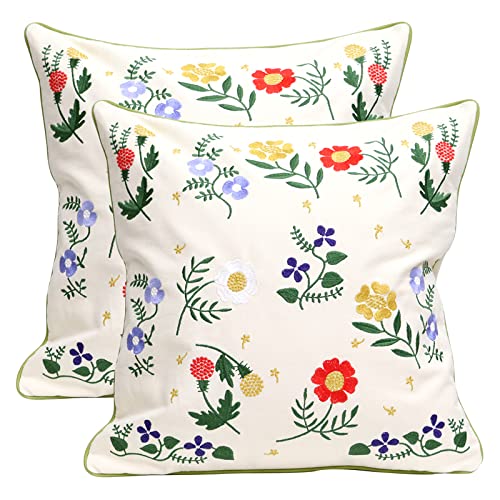 Set of 2 Embroidered Decorative Throw Pillow Covers Couch Square Pillowcases Cushion for Bedroom Sofa Farmhouse Decor 18x18 Inch (Flower-C) - color: Flower-c