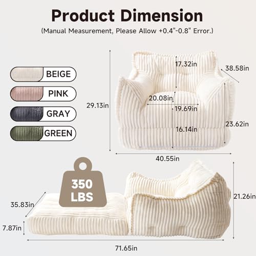 2 in 1 Folding Sofa Bed, Beige | Convertible Sleeper Sofa to Lounger Comfy Bean Bag Chair for Adults, Corduroy Floor Couch Bed with Handle for Living Room - color: Beige