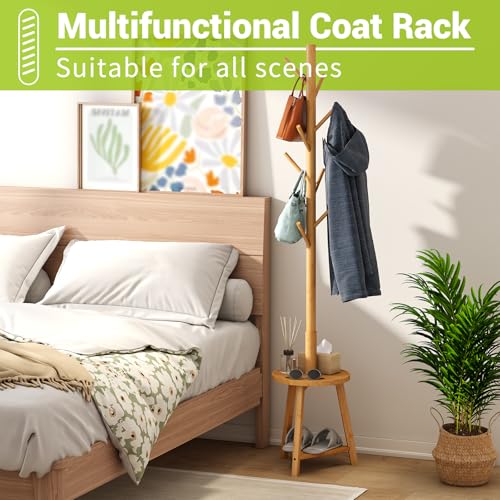 BMOSU Coat Rack freestanding Stand with 2 Shelves Bamboo Wooden Coat Tree Easy Assembly 8 Hooks Standing Jackets Hanger Hallway Office Floor Coat Stand Nature - color: NATURE