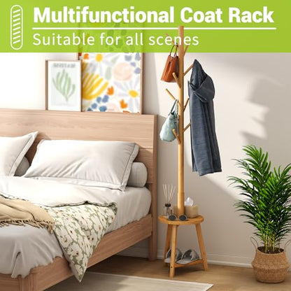 BMOSU Coat Rack freestanding Stand with 2 Shelves Bamboo Wooden Coat Tree Easy Assembly 8 Hooks Standing Jackets Hanger Hallway Office Floor Coat Stand Nature - color: NATURE