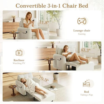 3-in-1 Convertible Sleeper Chair Bed, Multi-Functional Chenille Single Sofa Bed with Storage Pockets and Box, 80" Extra Long Pull Out Sleeping Lounge Chair for Living Room & Apartment (Beige,35) - color: Beige,35