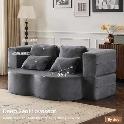 78” Convertible Sofa Bed, Full Size Sleeper Couch, Grey | Boneless Folding Loveseat, Deep Seat, Soft Chenille, 4 Pillows, No Assembly, for Guest Living Room Bedroom - color: Grey, size: 78"
