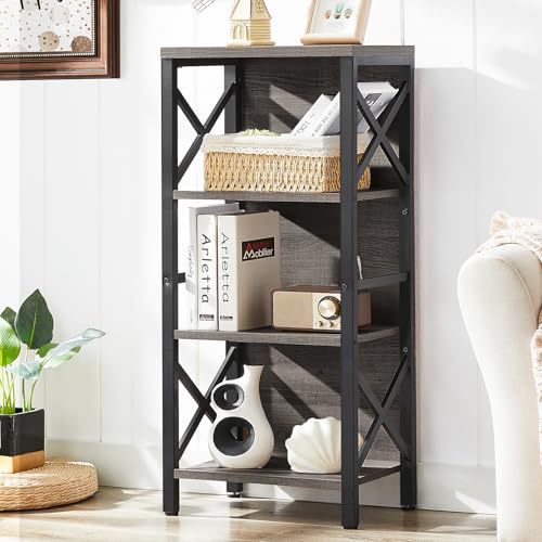 MNEETRUNG Small Bookshelf,4 Tier Industrial Bookcase with Metal Frame and Backboard,Narrow Rustic Gery Book Shelf,Book case for Small Spaces,Living Room,Bedroom and Home Office - color: Grey, size: 4-Tier (15.7"W x 11"D x 39.5"H)