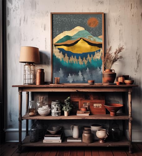 Boho Wall Art for Bedroom - Large Oversize Unframed Rolled Canvas 24x36 Living Room - Modern Boho Moody Room Decor - Texured Metallic Mountain Moon Sun - Emerald Green Marble Golden Nature Tree Forest - size: 24"L x 36"W