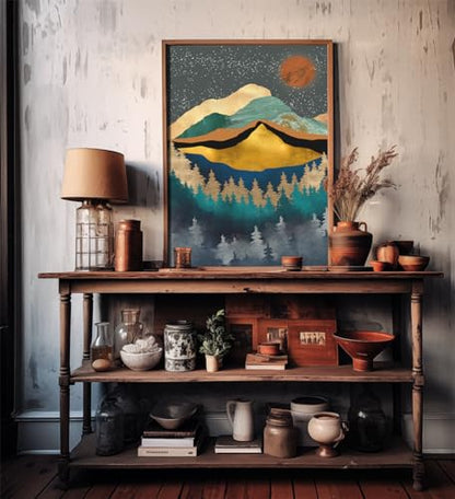 Boho Wall Art for Bedroom - Large Oversize Unframed Rolled Canvas 24x36 Living Room - Modern Boho Moody Room Decor - Texured Metallic Mountain Moon Sun - Emerald Green Marble Golden Nature Tree Forest - size: 24"L x 36"W