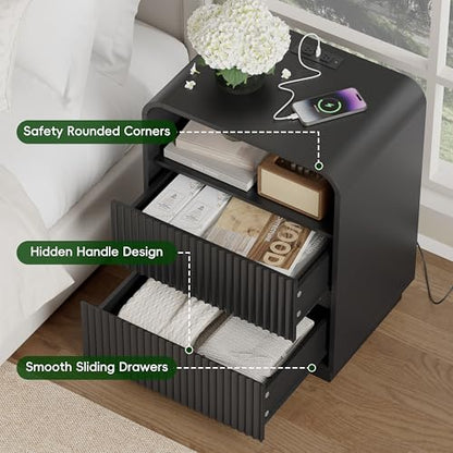 Black Nightstands Set of 2 with Charging Station, Mid Century Modern End Tables & Bedside Tables, Fluted Wood Small Night Stands with 2 Hidden Drawers and Storage Shelf for Bedroom - color: Black, style: 2 Drawers-2 PCS