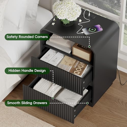 Black Nightstand with Charging Station, Mid Century Modern Bedside Table & End Table, Fluted Wood Small Night Stand with 2 Hidden Drawers and Storage Shelf for Bedroom - color: Black, style: 2 Drawers