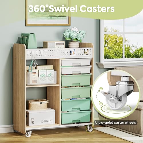 Rolling Craft Cart with 6 Drawers, Pegboard and Locking Wheels Green | Ample multi-zone storage, 2 open shelves, art cart for classrooms, homeschool and offices, sturdy wood-metal frame - color: Green