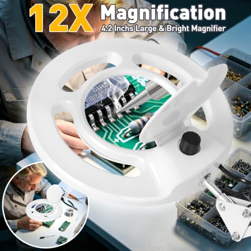 롤링 휠 베이스가 있는 2200 루멘 에스테티션 돋보기 | 12X 진짜 유리, 144 밝은 LED, 무단 조도 조절 가능, 얼굴 속눈썹 스파 독서 공예 바느질용 돋보기 포함 스탠딩 매그 램프 - color: 화이트.