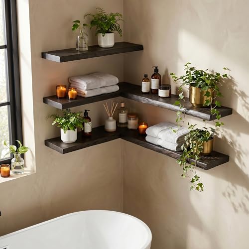 Dreamland 24 Inch Floating Shelves, Rustic Elm Wood Live Edge Wall Shelf for Home Decor, 8 Inch Deep Floating Shelf for Wall, 24 x 8 Bathroom Shelves Set of 2, Walnut Color - color: Walnut, size: Live Edge - 24"L