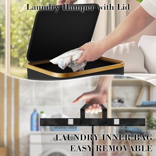 Laundry Hamper with Wheels,20 Gal (75L) Laundry Basket with lid Rolling Clothes Hamper Foldable Dirty Clothes Basket on wheels with Bamboo Frame and Bag for Bedroom, Dorm, Laundry Room-Black | Clothes Hampers for Laundry with Inner Bag, Dirty Clothes Hamp
