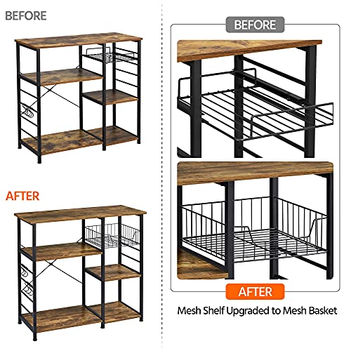Yaheetech 4-Tier Bakers Rack,Microwave Stand for Coffee Bar,Rustic Brown | Metal Coffee Station, Kitchen Racks Shelf with Storage,Wire Basket, Hooks,Adjustable Feet for Kitchenette,Small Apartment