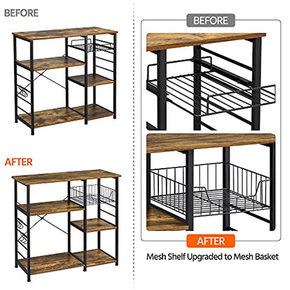 Yaheetech 4-Tier Bakers Rack,Microwave Stand for Coffee Bar,Rustic Brown | Metal Coffee Station, Kitchen Racks Shelf with Storage,Wire Basket, Hooks,Adjustable Feet for Kitchenette,Small Apartment