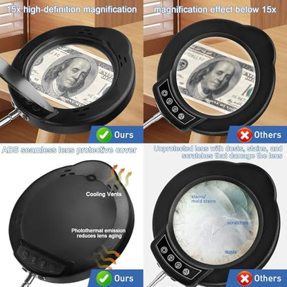 15X Magnifying Glass with Light & Stand,Real Glass,RTM Safety Protection,5 Colors Stepless Dimmable Eye-Caring LED,2-in-1 Hands-Free Desk & Clip-On Magnifier for Reading Crafts Painting & Repair