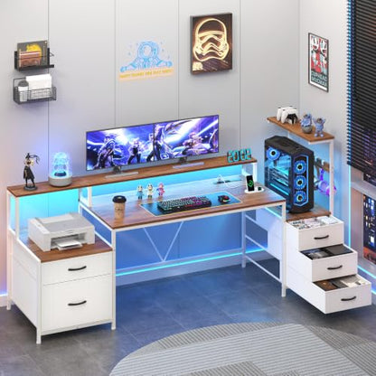 63" Computer Desk with Drawers, Storage Shelves and Printer Stand | Gaming Desk with Monitor Stand and LED Lights, Reversible Home Office Desk with Printer Shelf, Brown and White - color: Brown and White