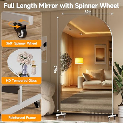 Hasipu 79" x 40" Arched Full Length Mirror on Wheels | HD tempered glass, sturdy aluminum frame, 4 smooth casters with locks, ideal for yoga, dance studio, bedroom & home gym. - size: 78.74"L x 39.37"W