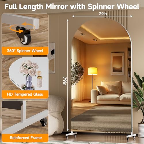 Hasipu 79" x 40" Arched Full Length Mirror on Wheels | HD tempered glass, sturdy aluminum frame, 4 smooth casters with locks, ideal for yoga, dance studio, bedroom & home gym. - size: 78.74"L x 39.37"W