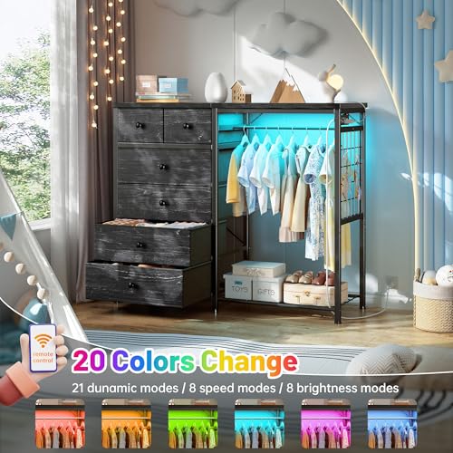 EnHomee 125cm W 드레서, 걸이용 랙 및 서랍 6개, 그리드 패널 및 후크 4개 포함 | LED 조명 및 충전 스테이션, 침실용 나무 상단 정리 유닛, 스틸 프레임이 있는 서랍장, 블랙 - color: 블랙.
