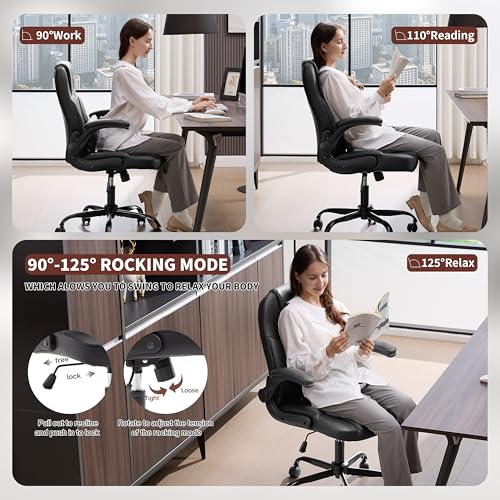 Leather Office Chair Swivel Lumbar Support for Short People Black | Executive Office Chair PU,Leather Office Chair with Wheels,360° Swivel Rolling Chair with Padded Arm,Ergonomic Computer Chair - color: Black