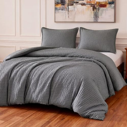 Amazon Basics Duvet Cover Set with Jacquard Geometric Pattern, 3-Piece with 1 Duvet Cover and 2 Pillow Shams, Comforter Not Included, Full, Dark Gray - color: Dark Gray, size: Full
