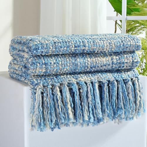 Multi-Color Cable Woven Throw Blanket for Couch - 60"X80" | Multicolored Boho Style,Super Soft Warm Cozy Chunky Blankets with Decorative Tassels for Bed and Sofa,Light Blue - color: Multi-color Light Blue, size: 60"x80"