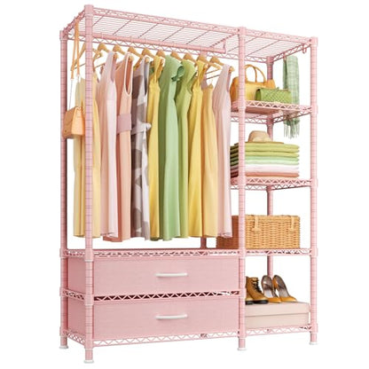 F3 Heavy Duty Clothes Rack（With Fabric Drawers）Freestanding Clothing Racks for Hanging Clothes，Adjustable Closet Organizer System，Portable Garment Rack 40" W x 15" D x 72" H，Max Load 700LBS，Pink - color: Pink, style: Freestanding