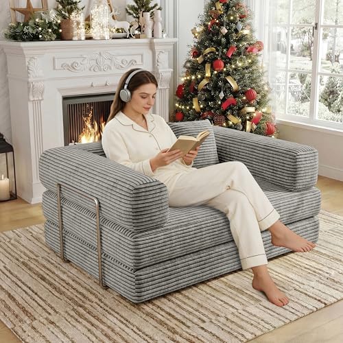 BSHOMGI 4 in 1 Convertible Sofas Boneless Couches with 2 Pillow, Modern Corduroy Futon Bed, Modular Sofa with Pull-Out Bed, LoveSeat for Living Room, Small Space Apartment 53.15" Double Sofa - color: Light Gray, size: 53.15"Double Sofa