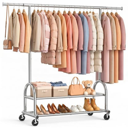 Heavy Duty Clothes Rack for Hanging Clothes Load 556 LBS, Height Adjustable Rolling Clothing Racks, Portable Metal Coat Rack Garment Wardrobe with Wheels and Shelves for Bedroom Laundry, Silver - color: Silver, style: 2 Shelves