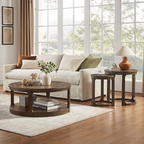 24" Round Nesting Coffee Table Set of 2, Solid Wood Coffee Tables Mid Century Rustic Farmhouse Side End Tea Table for Living Room, Apartment (Drak Brown) - color: 24" Dark Brown