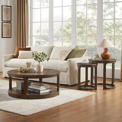 24" Round Nesting Coffee Table Set of 2, Solid Wood Coffee Tables Mid Century Rustic Farmhouse Side End Tea Table for Living Room, Apartment (Drak Brown) - color: 24" Dark Brown