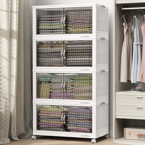 BROVIEW 480Qt Stackable Storage Bins with Lid for Home Dorm, 4Pack White | Closet Organizers, Foldable & Collapsible Cabinets, Large Containers, Wheels & Magnetic Doors, Plastic Drawers for School - color: White, size: 120QT-4Pack